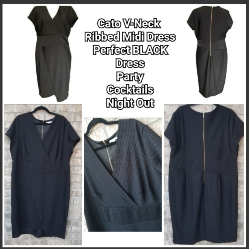 Cato V-Neck SSleeve Ribbed Midi BLACK Dress(Size 24/3X)Flattering Comfy Business